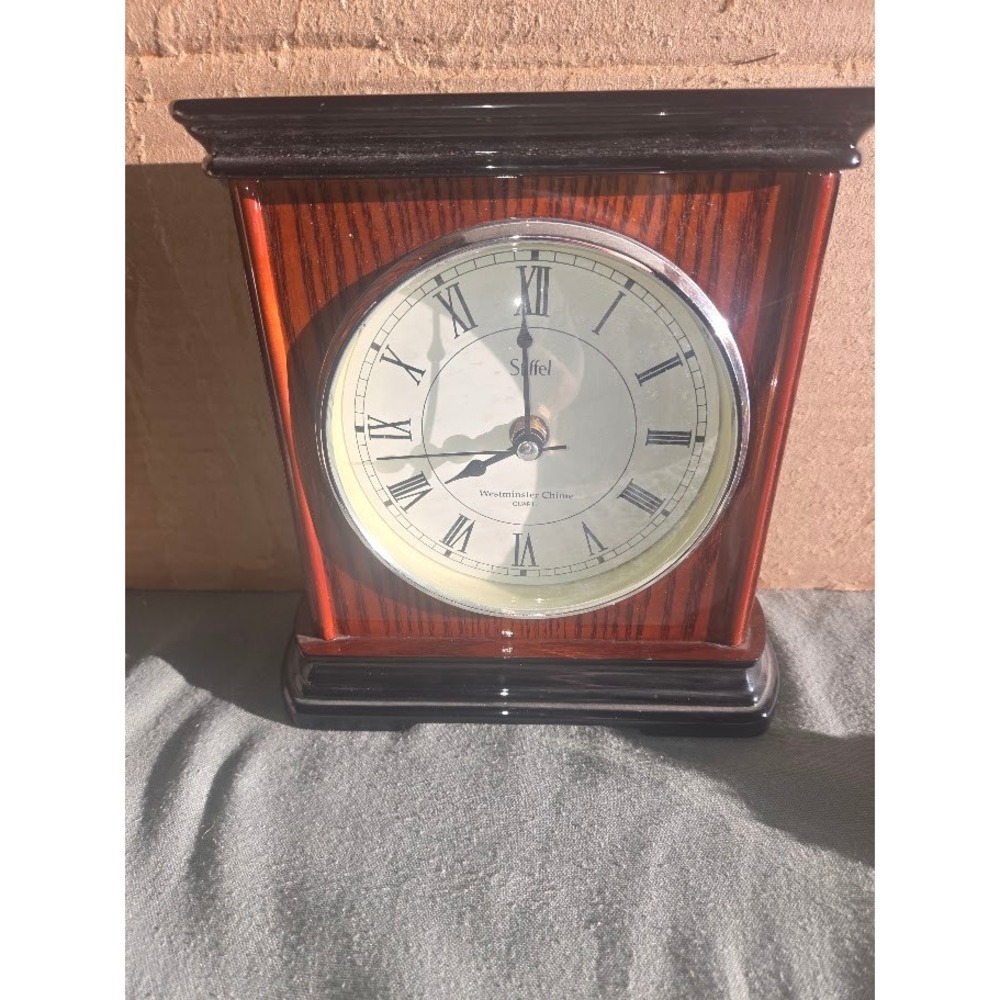 Stiffel Westminster Chime Quartz Mantel Clock Faux Wood Grain Roman Numerals